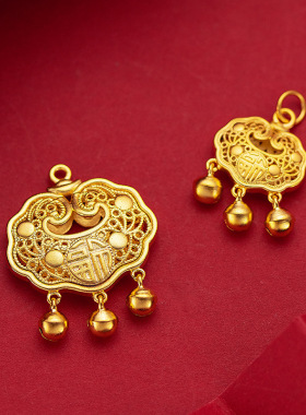 越南沙金福气如意宝宝铃铛锁吊坠铜镀金法平安长命金锁挂坠厂项链