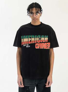 RICH GAINER潮牌黑色短袖T恤时尚潮流上衣字母印花图案前卫街头