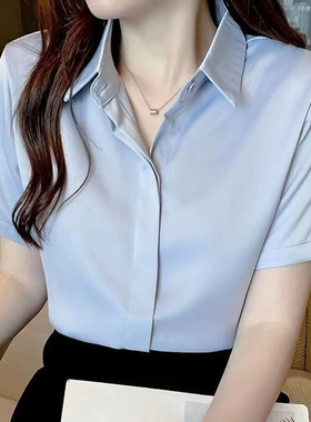 蓝色衬衫女2025夏季设计感小众雪纺上衣韩版短袖职业装宽松白衬衣