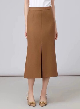 纯色2025秋冬羊毛新款高腰中长裙开叉鱼尾裙包臀女半身裙1200312