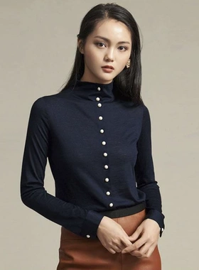 深呼吸秋冬羊毛长袖珍珠扣纯色衬衫打底衫女装内搭外穿毛衣300596