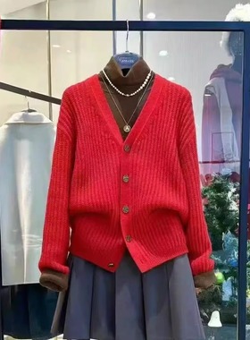 阿玛施女装2025秋冬新款绵羊毛保暖休闲竖坑条红色针织开衫548070