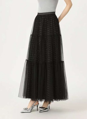 网纱AMAS新款高腰松紧腰银葱细闪优雅气质长款半身裙女装520028