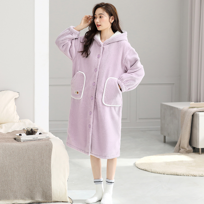 珊瑚绒睡袍女加绒加厚连帽家居服