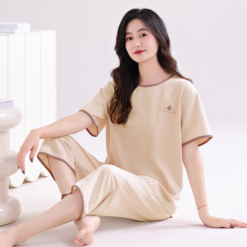 睡衣女款夏2026新款带胸垫可外穿女生全棉大码薄款纯棉家居服套装