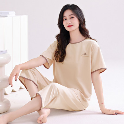 睡衣女款夏2026新款带胸垫可外穿女生全棉大码薄款纯棉家居服套装