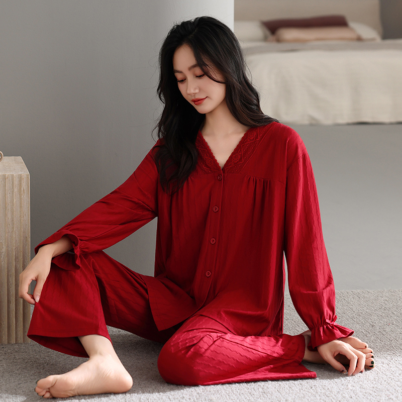 睡衣女春秋新款纯棉长袖长裤开衫V领大红色本命年女士家居服套装