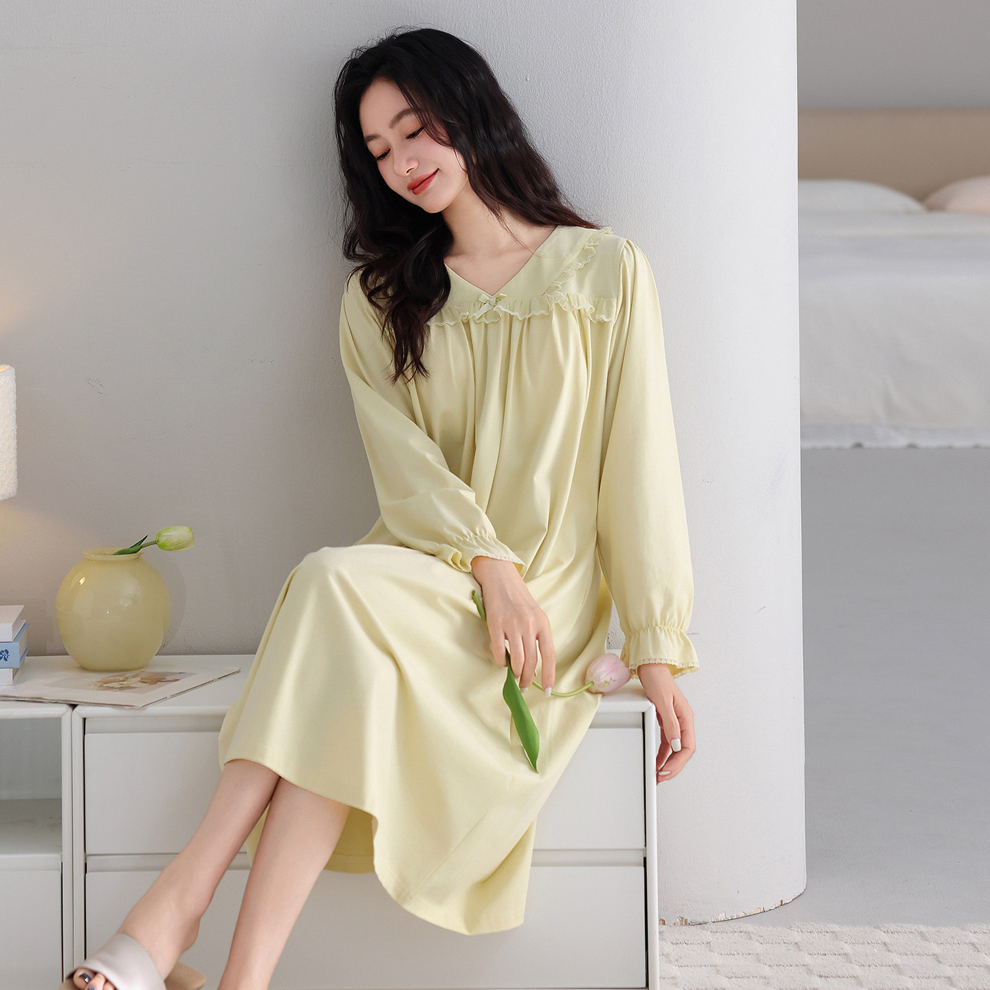 睡裙女款带胸垫2025新款春秋纯棉长袖睡衣秋款大码宽松长款家居服