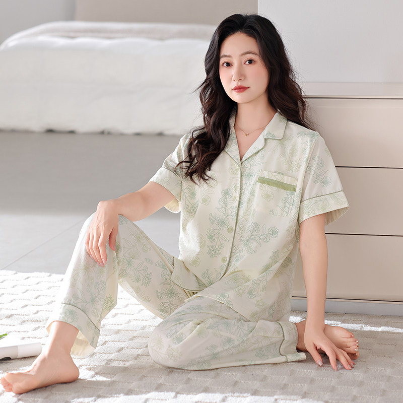 【莱卡棉】睡衣女2025新款夏季纯棉自带胸垫简约开衫翻领家居服