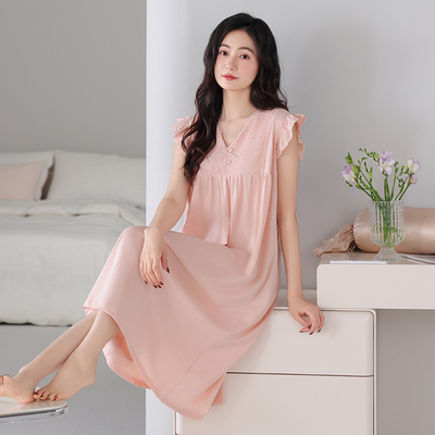 带胸垫睡裙女夏季纯棉无袖中长款薄款夏天新款吊带蕾丝睡衣连衣裙