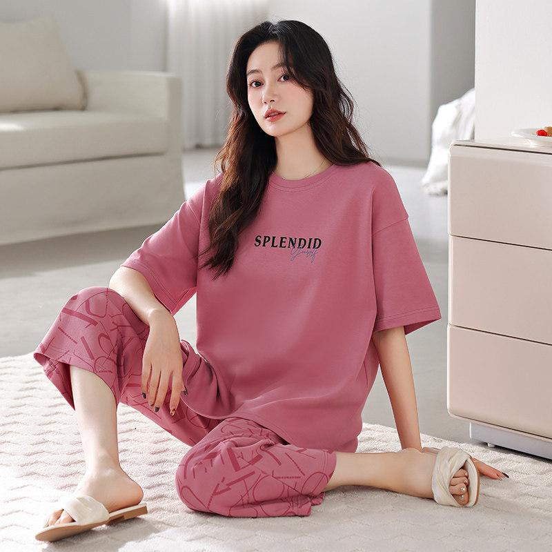 2026新款带胸垫女款睡衣女夏季纯棉短袖七分裤薄款休闲大码家居服