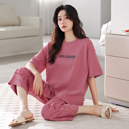 2026新款带胸垫女款睡衣女夏季纯棉短袖七分裤薄款休闲大码家居服