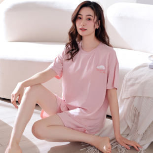 纯棉带胸垫短袖 薄款 睡衣女夏季 短裤 家居服 夏天女款 全棉可外穿大码