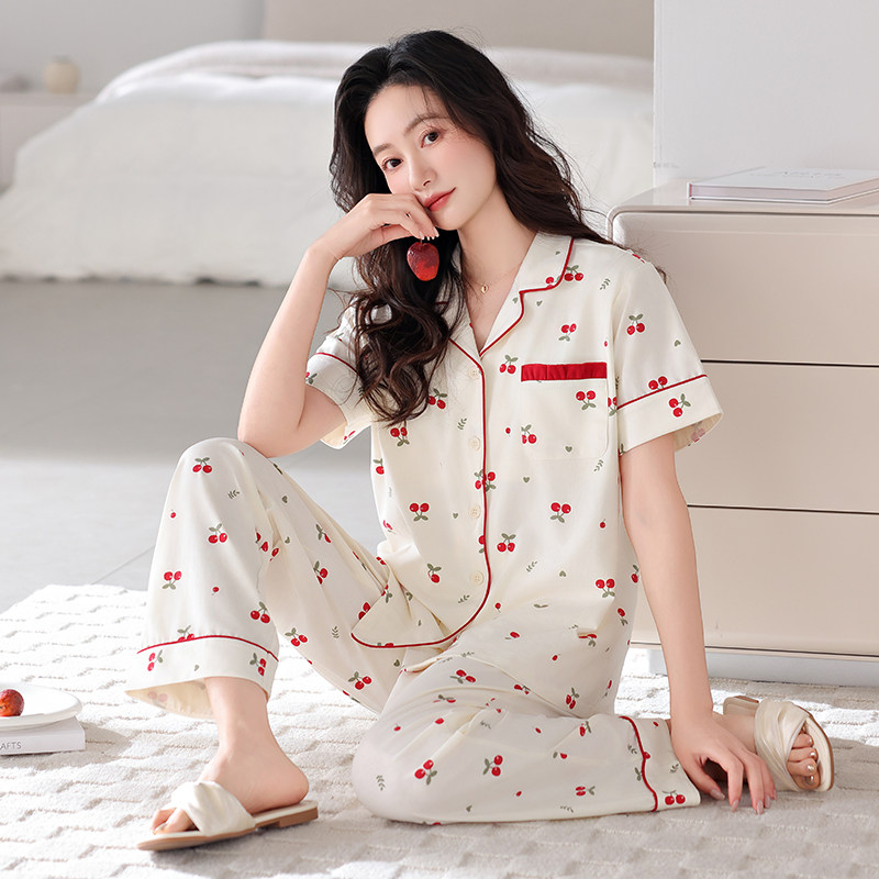 睡衣女款2025新款夏季纯棉带胸垫女士短袖夏款大码休闲家居服套装