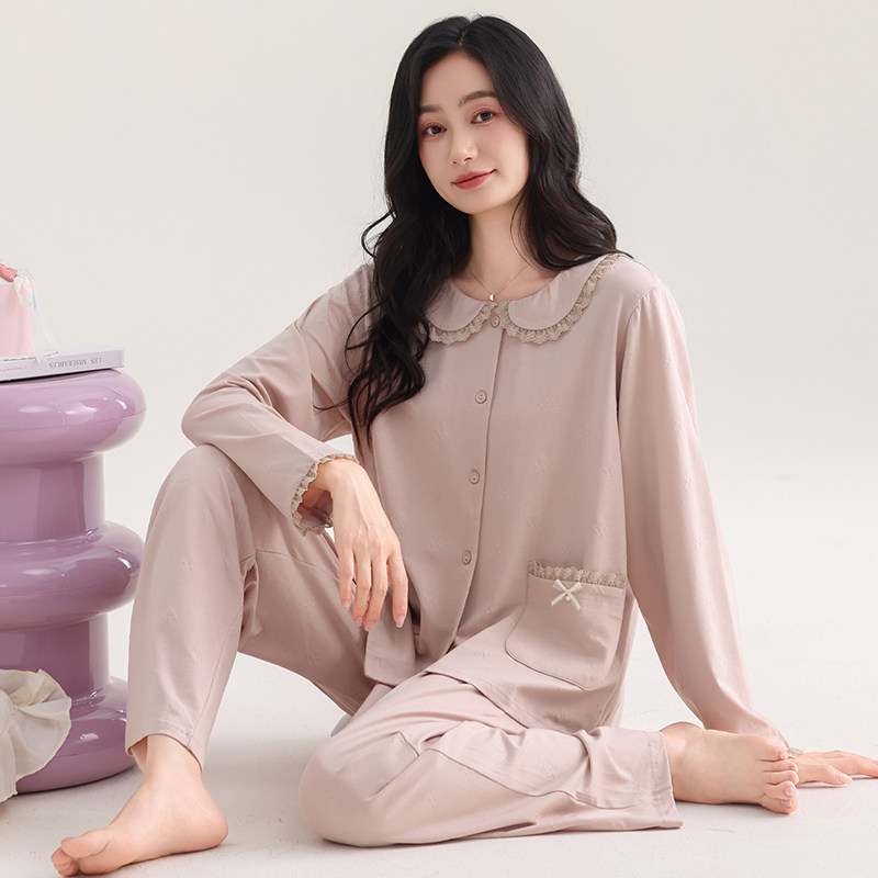 2026新款睡衣女款春秋季弹力棉薄款长袖开衫大码家居服套装高级感