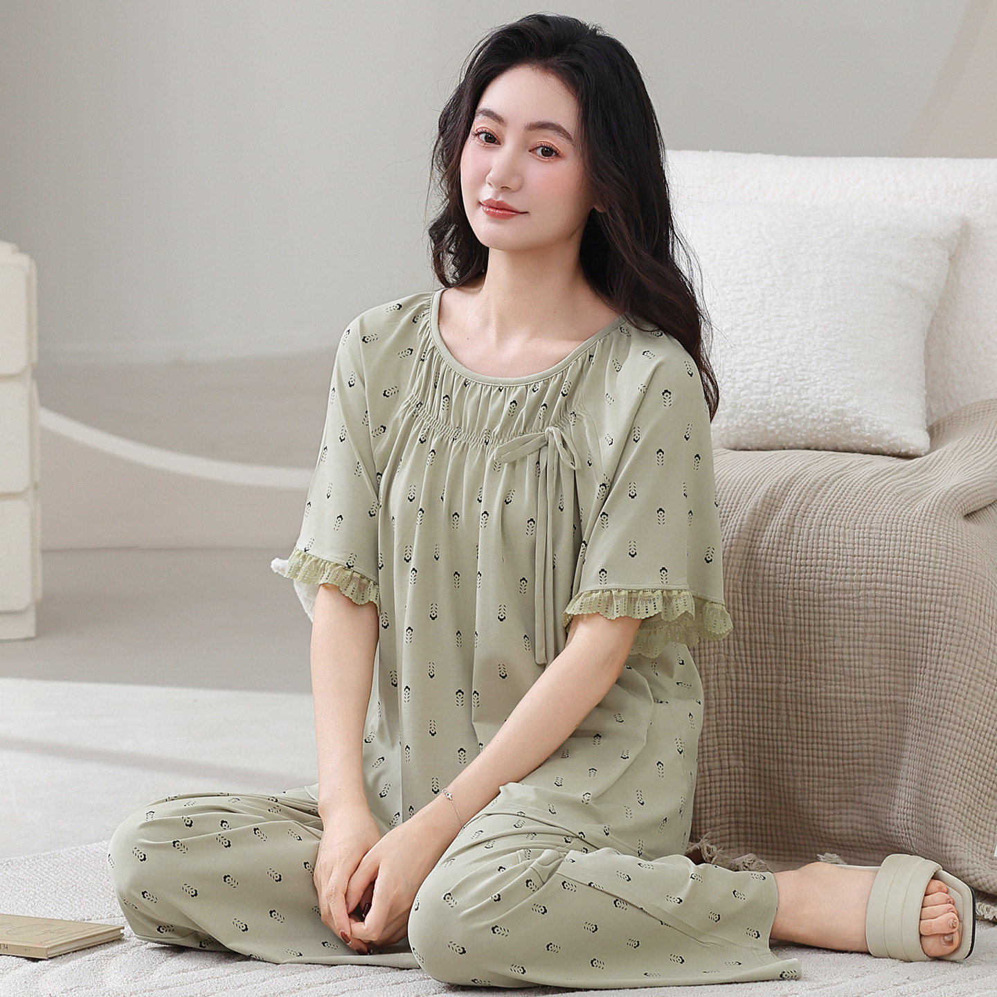 睡衣女士纯棉短袖薄款中年妈妈印花可外穿休闲高级感家居服套装