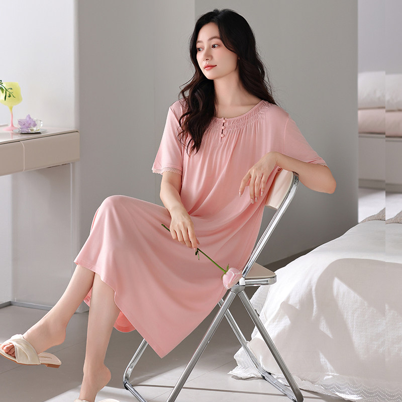 睡裙女士睡衣夏季莫代尔短袖薄款夏天中年妈妈长款冰丝夏款连衣裙