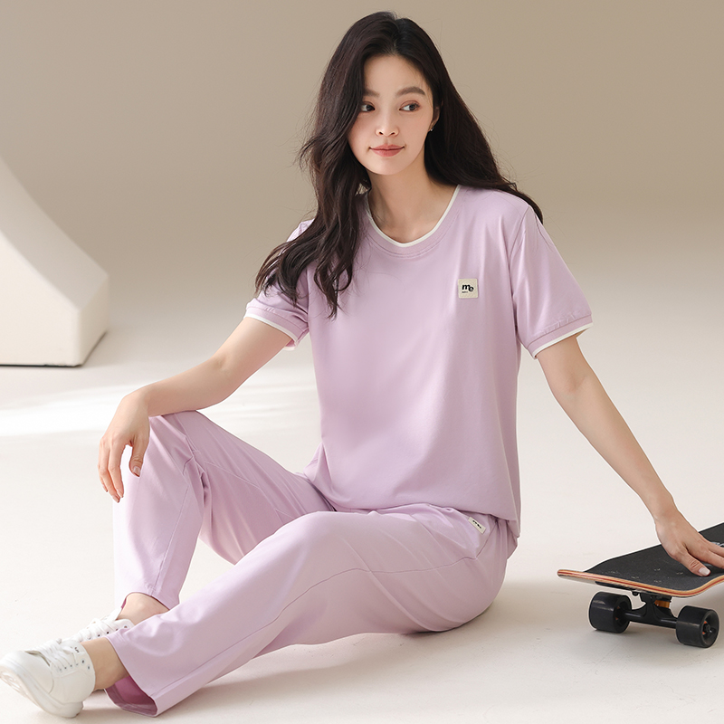 2025新款睡衣女士夏季短袖纯棉可外穿简约浅紫运动家居服薄款套装