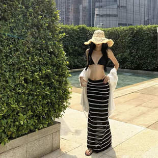 泳衣女新款 性感分体条纹长裙比基尼小胸显瘦纯欲风温泉度假泳装