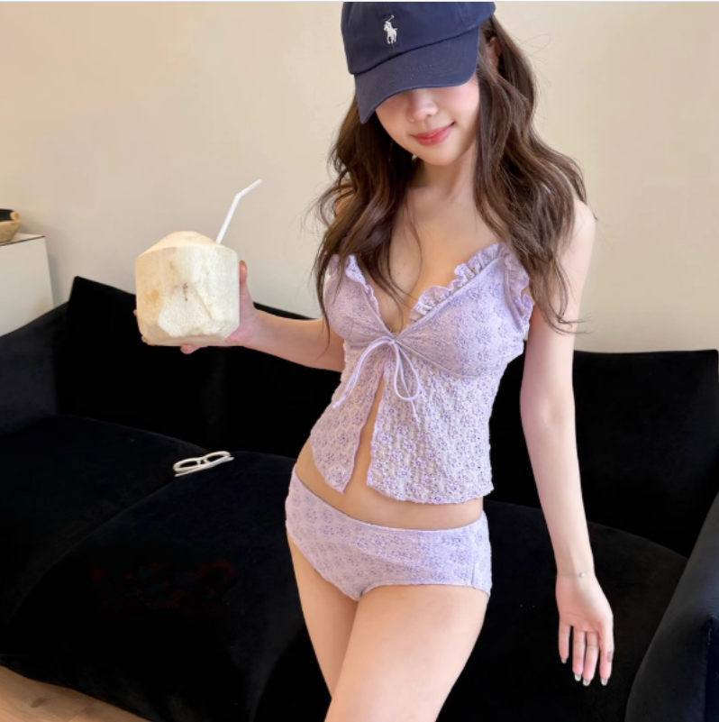 泳衣女新款性感浅紫色比基尼小胸显瘦分体三角绑带挂脖温泉度假装