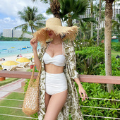 韩国新款 ins白色性感分体三角高腰比基尼遮肚钢托小胸聚拢泳衣女