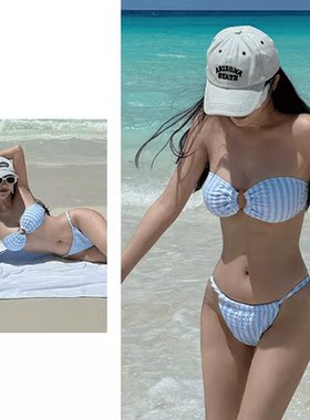 泳衣女海军风蓝白条纹抹胸褶皱丁字裤比基尼小胸性感沙滩辣妹温泉