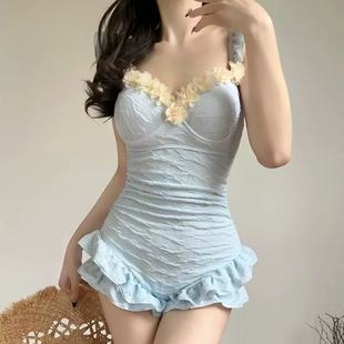 泳衣女新款 蓝色性感露背三角连体小胸聚拢显瘦遮肚泡温泉度假泳装