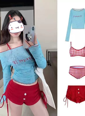 泳衣女新款辣妹分体蓝色罩衫长袖比基尼四件套小胸显瘦度假泡温泉