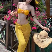 泳衣女新款 性感bikini小胸甜美海边度假 姜黄色玫瑰比基尼长裙罩衫