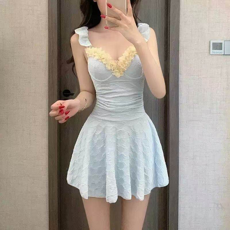 泳衣女新款性感蓝色连体裙式钢托小胸聚拢显瘦遮肚学生温泉度假装