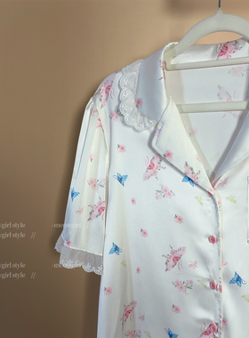 Meowgirl性感睡裙女2026新款宽松蕾丝边翻领碎花纯欲风家居服套装