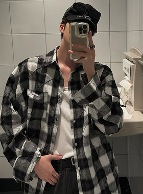 junmanner 黑白格子日式复古潮流翻领长袖衬衫上衣春夏季男生衬衣