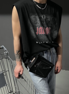 junmanner 图案印花美式复古潮牌休闲宽松圆领背心上衣夏男生T恤