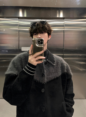 junmanner黑色拼接针织开衫外套男生秋冬2025潮情侣宽松毛衣外套