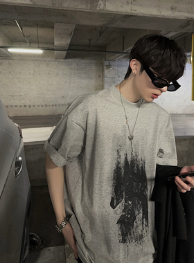 junmanner 图案印花圆领美式复古潮牌宽松休闲短袖上衣夏季男t恤