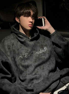 junmanner 星空字母连帽美式闪亮银面加绒加厚上衣秋冬男卫衣外套