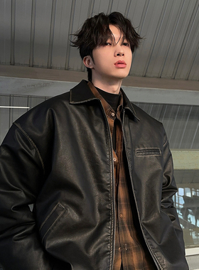 junmanner 翻领韩版潮流复古侧缝插袋夹克春秋季男生皮衣工装外套