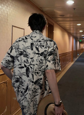 Lookiva美式碎花沙滩男短袖衬衣