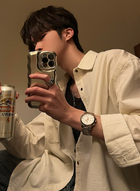 junmanner 刺绣徽章日式复古潮流翻领长袖衬衫上衣春夏季男生衬衣