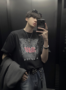 junmanner 图案印花美式复古潮牌宽松休闲圆领半袖上衣夏男生T恤