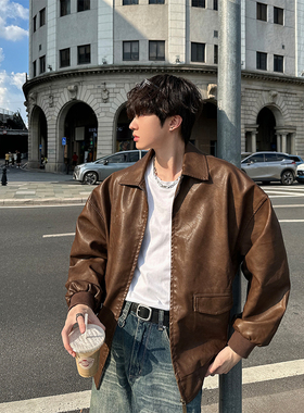 junmanner 翻领仿皮美式潮流复古飞行员机车仿皮夹克秋冬男生外套