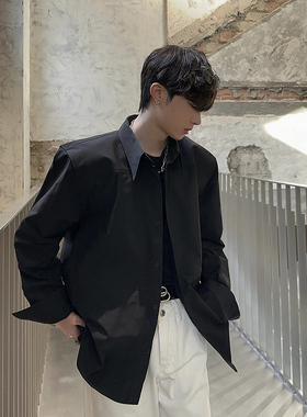 junmanner 尖领韩版潮流痞帅黑色宽松韩版长袖衬衣春秋季男生衬衫