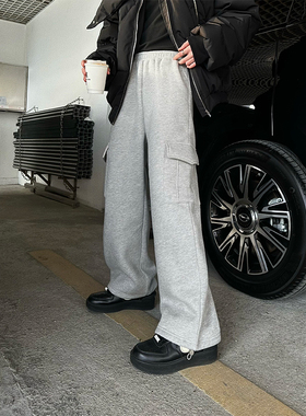 junmanner 灰色工装加绒运动休闲裤女2024秋新款高腰宽松直筒卫裤