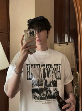 junmanner 老照片印花美式潮流休闲圆领半袖针织上衣夏季男生T恤