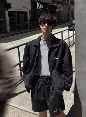 junmanner 自制黑色韩版休闲长袖风衣外套男春秋抽绳短裤时尚套装