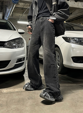 junmanner 小众高街复古水洗黑牛仔裤春夏男生高级设计阔腿宽松裤