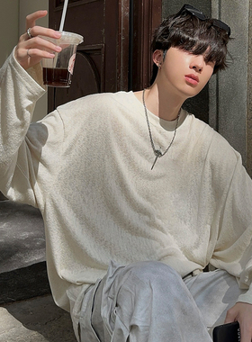 junmanner 纯色肌理美式复古潮牌宽松圆领打底长袖上衣夏男生T恤