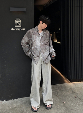 junmanner 灰色设计日式复古潮流翻领长袖衬衫上衣春夏季男生衬衣