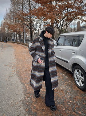 junmanner 秋冬格纹撞色复古毛呢外套慵懒加厚垫肩廓形长款大衣男