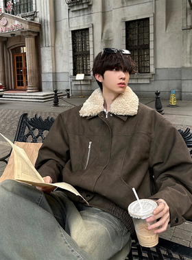 junmanner立翻领宽松棉衣男生冬保暖羊羔毛皮毛一体夹克加厚外套